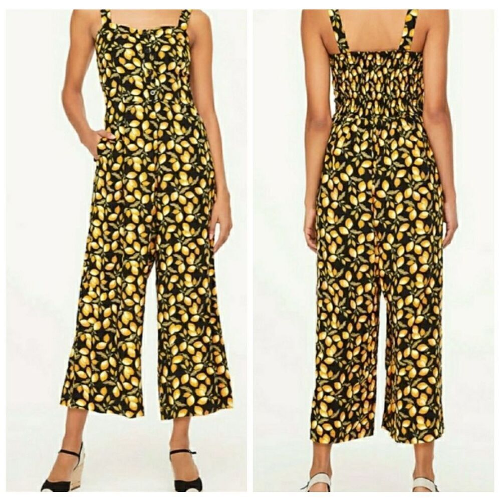 LOFT Black Yellow Lemon Print Jumpsuit Spaghetti Strap Button Up Wide Crop Leg S